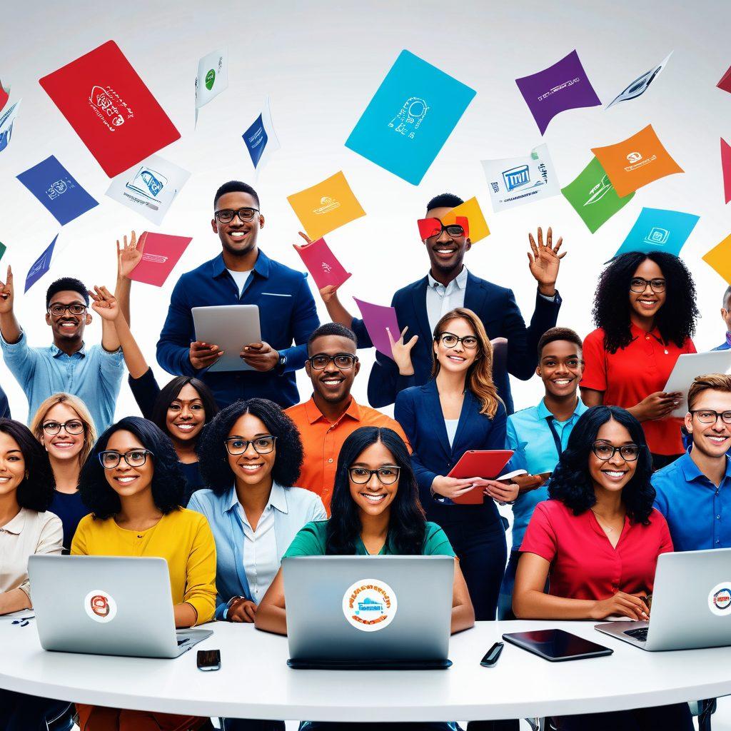 A vibrant visualization of a diverse group of people engaged in learning through various digital tools, such as laptops, tablets, and virtual reality headsets, surrounded by certification badges and certificates. The scene conveys enthusiasm and collaboration, with bright colors symbolizing innovation and progress. The background features abstract digital graphics representing technology and education. super-realistic. vibrant colors. white background.