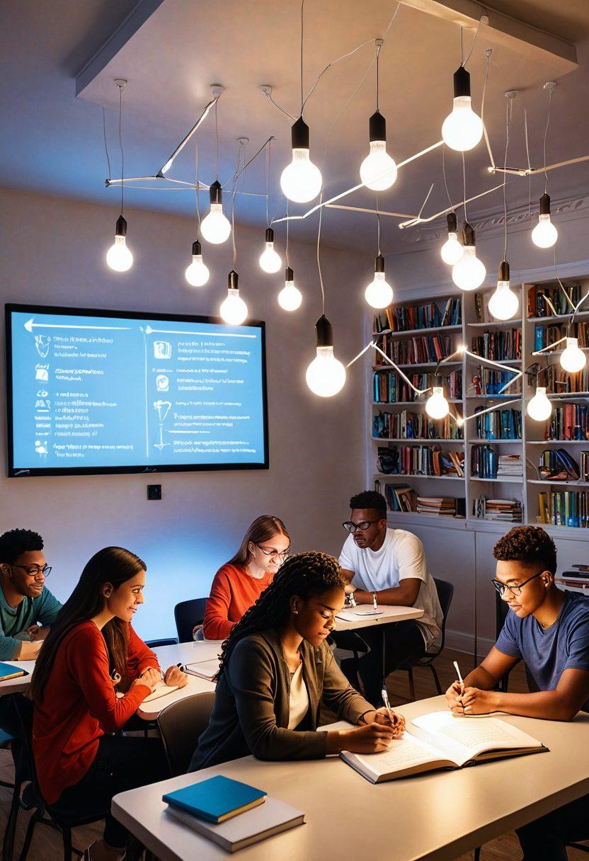 A visually engaging scene depicting a diverse group of individuals studying online, surrounded by symbols of growth such as light bulbs, books, and upward arrows. In the background, a vibrant digital classroom shines with glowing screens and motivational quotes. The atmosphere is bright and inspiring, reflecting the journey of self-improvement and learning. super-realistic. vibrant colors. white background.