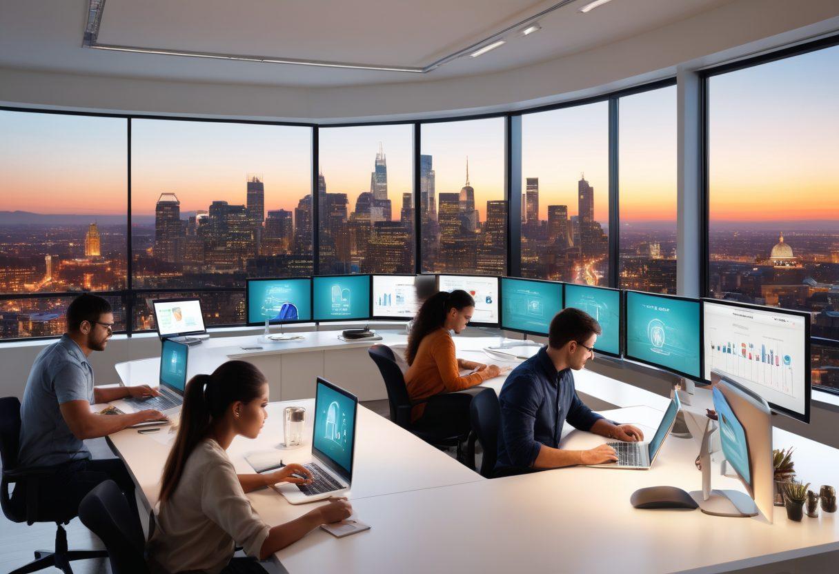 An inspiring scene of a diverse group of individuals engaged in online learning, with vibrant screens displaying various courses. Showcase a modern workspace with educational tools like books and a laptop, symbolizing growth and professional development. Use warm lighting to create an inviting atmosphere and depict a city skyline in the background, representing opportunities. super-realistic. vibrant colors. white background.
